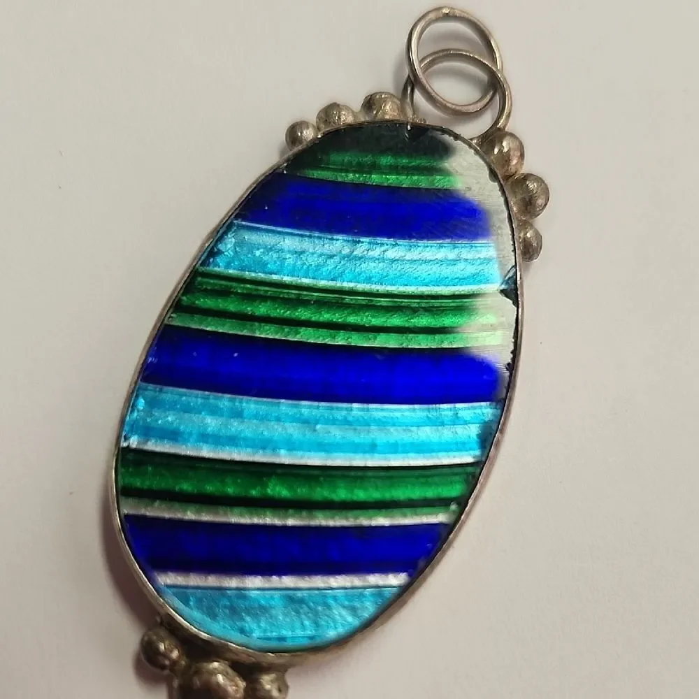 Blue Green Striped Glass Sterling Silver Pendant  925